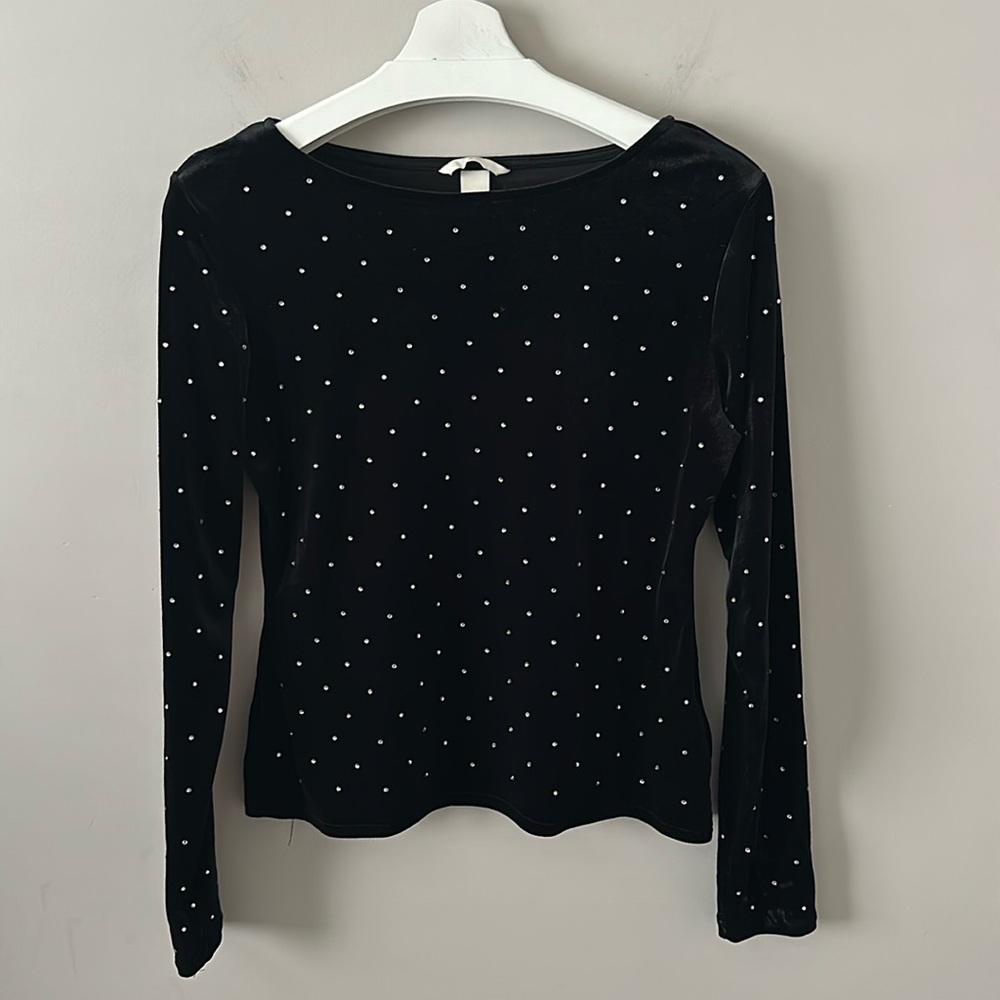 H&M Black Velvet Rhinestone Long Sleeve Top